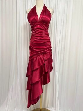 Vintage Red Satin Halter High-Low Ruffle Dress